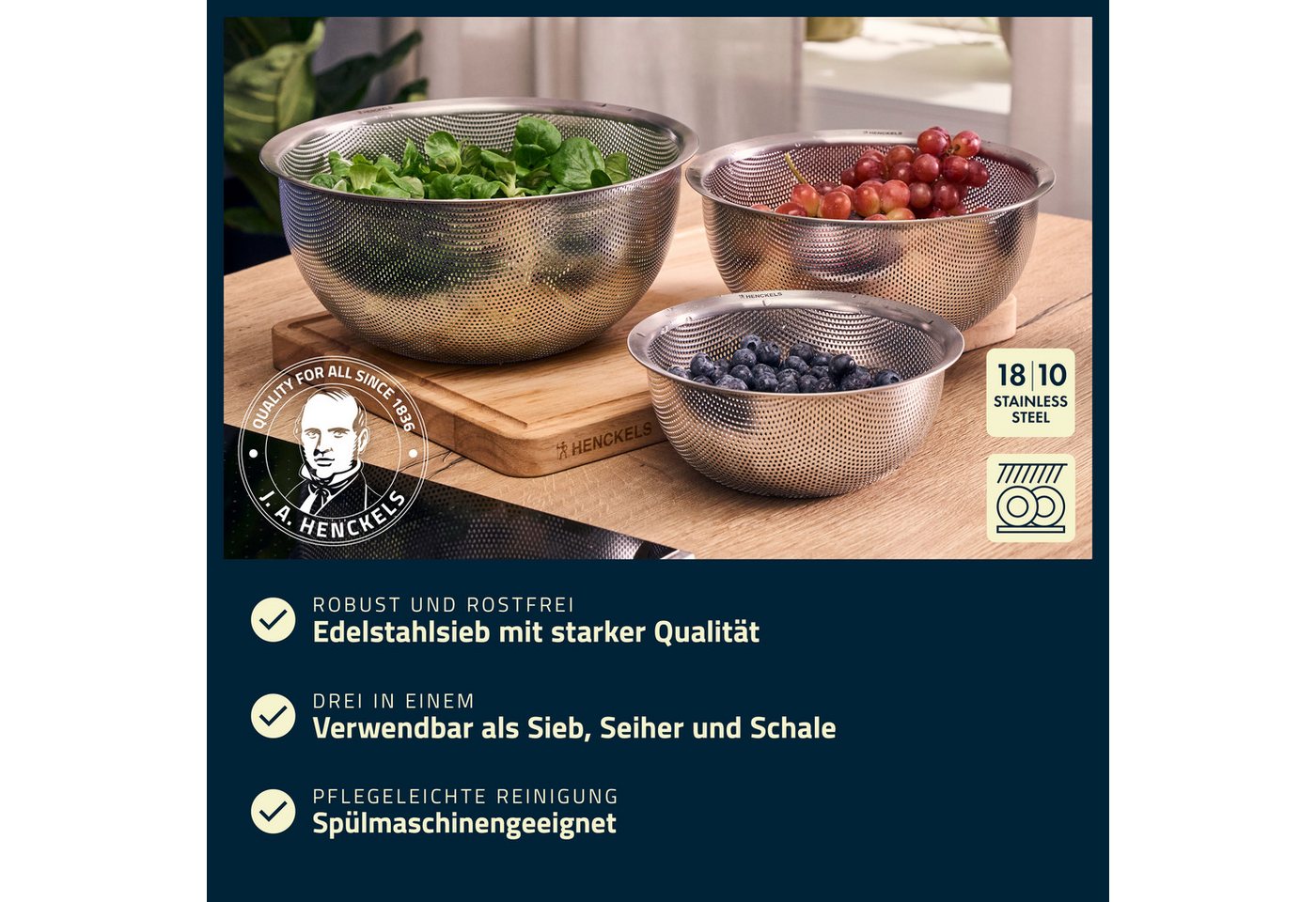 HENCKELS by ZWILLING Küchensieb Trio, Edelstahl, (1-St), Rostfreier Edelstahl, Sieb, Seiher und Schale, Stapelbar Bild 3