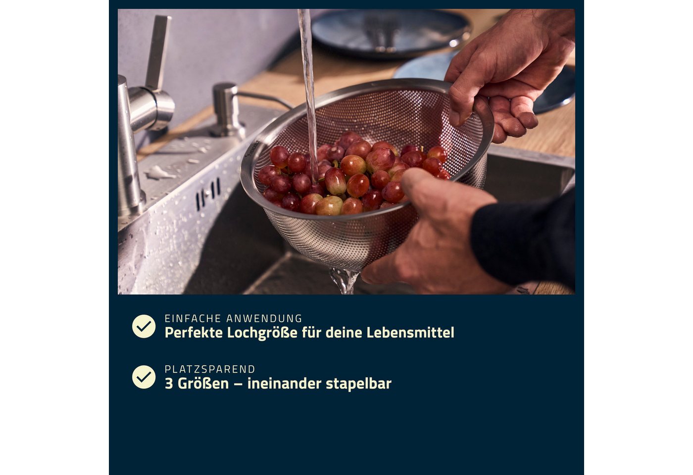 HENCKELS by ZWILLING Küchensieb Trio, Edelstahl, (1-St), Rostfreier Edelstahl, Sieb, Seiher und Schale, Stapelbar Bild 5