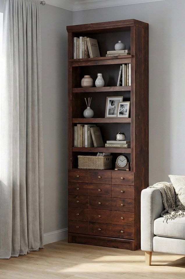 Home affaire Bücherregal Soeren Regal mit 5 breiten Schubkästen in geteilter Optik, T/H: 80/29/220 cm, Kiefer FSC®-zertifiziert, elegante Metallgriffe Bild 2