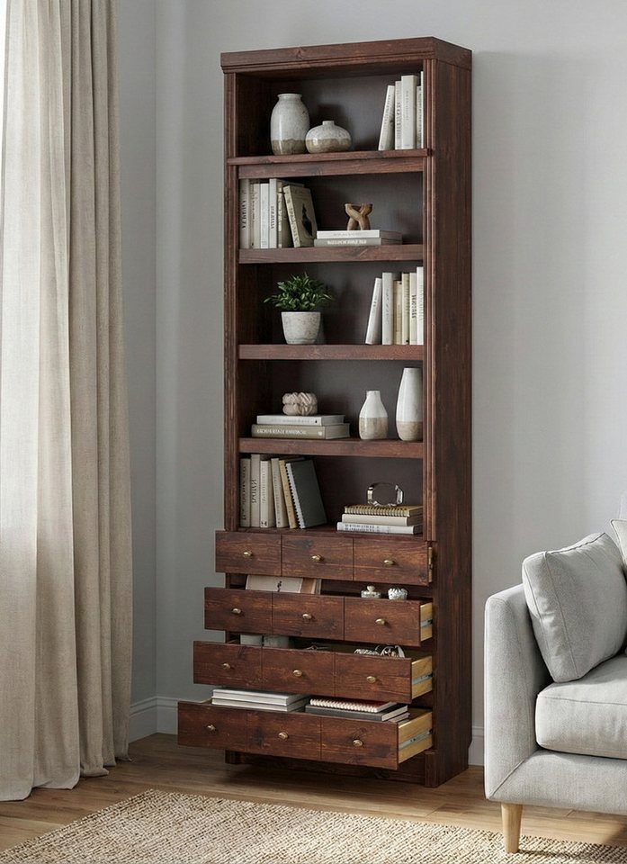 Home affaire Bücherregal Soeren Regal mit 5 breiten Schubkästen in geteilter Optik, T/H: 80/29/220 cm, Kiefer FSC®-zertifiziert, elegante Metallgriffe Bild 4
