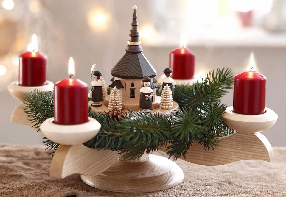 Albin Preissler Adventsleuchter mit Seiffener Kirche, Handwerkskunst aus dem Erzgebirge, Weihnachtsdeko aus Eschenholz