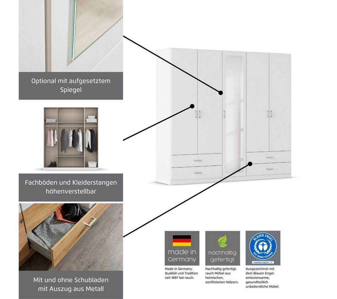 rauch Drehtürenschrank Kleiderschrank Schrank Garderobe Wäscheschrank BORBONA (Breiten 226/271 cm, Höhe 210 cm) in 2 Breiten, mit Spiegel und vielen Farbkombinationen MADE IN GERMANY Bild 4