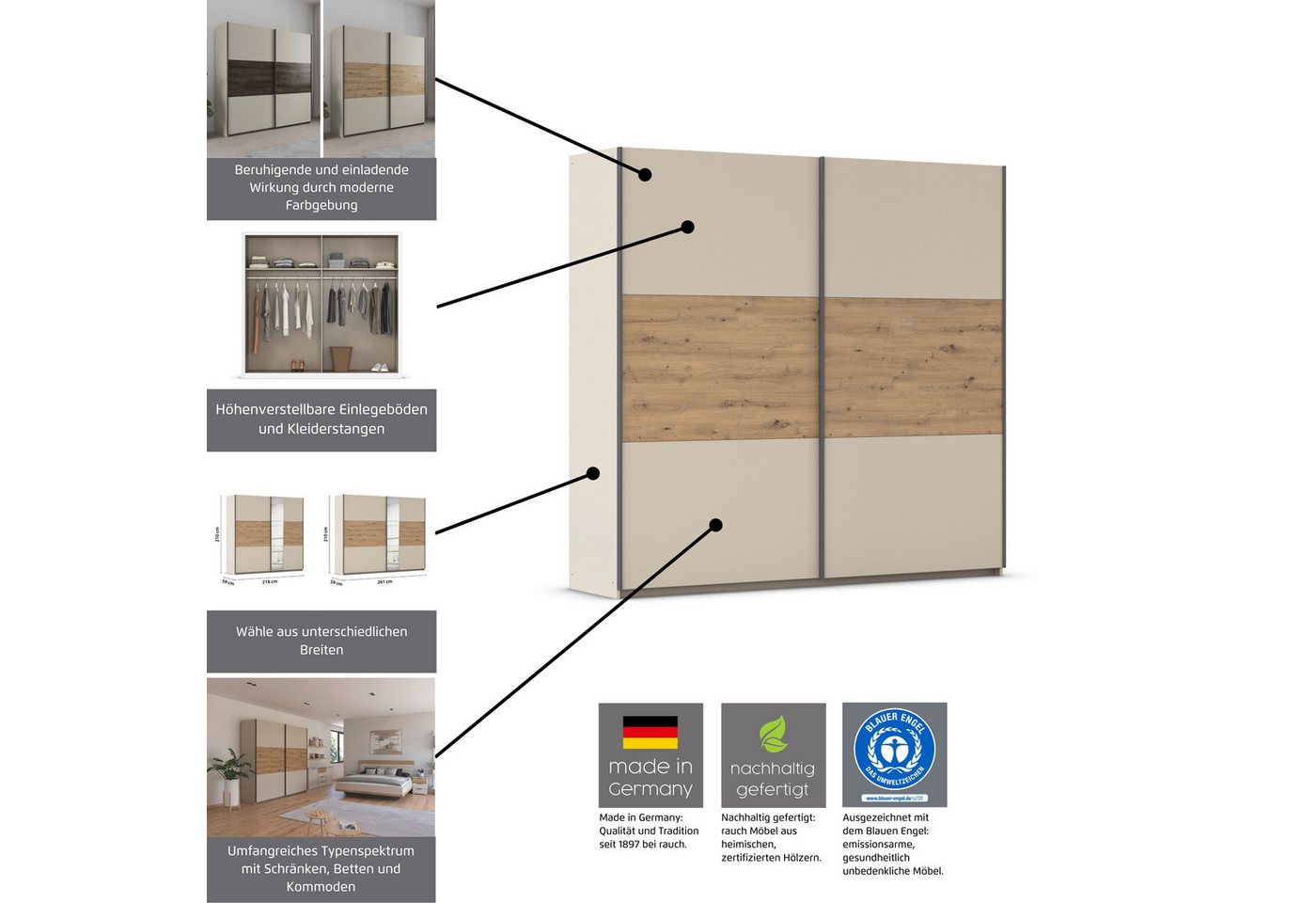 rauch Schwebetürenschrank Kleiderschrank Schrank Garderobe Schlafzimmerschrank SAJO in 2 Breiten (218, 261 cm) optional mit Spiegel MADE IN GERMANY Bild 4