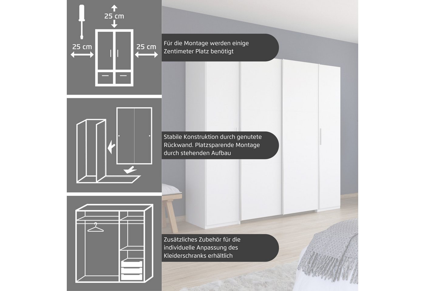 rauch Schwebetürenschrank Kleiderschrank Drehtürenschrank Schrank Garderobe KRONACH (in 3 Ausstattungen BASIC/CLASSIC/PREMIUM, Breiten 225/268/311/354 cm) Kombischrank optional mit 1 oder 2 Spiegel viele Böden MADE IN GERMANY Bild 2
