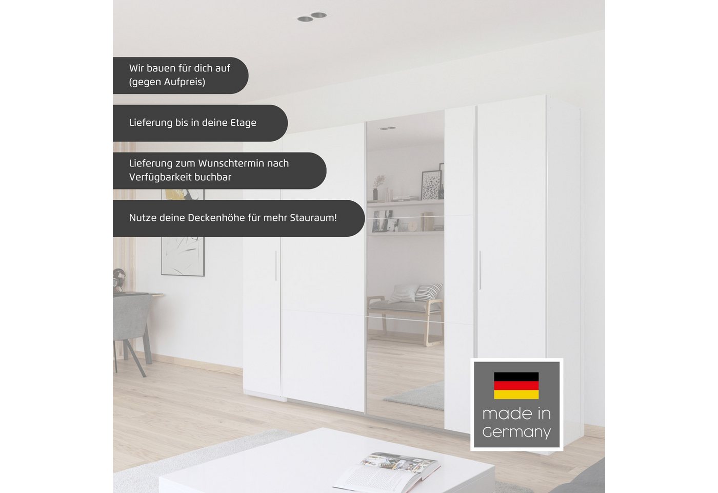 rauch Schwebetürenschrank Kleiderschrank Drehtürenschrank Schrank Garderobe KRONACH (in 3 Ausstattungen BASIC/CLASSIC/PREMIUM, Breiten 225/268/311/354 cm) Kombischrank optional mit 1 oder 2 Spiegel viele Böden MADE IN GERMANY Bild 4