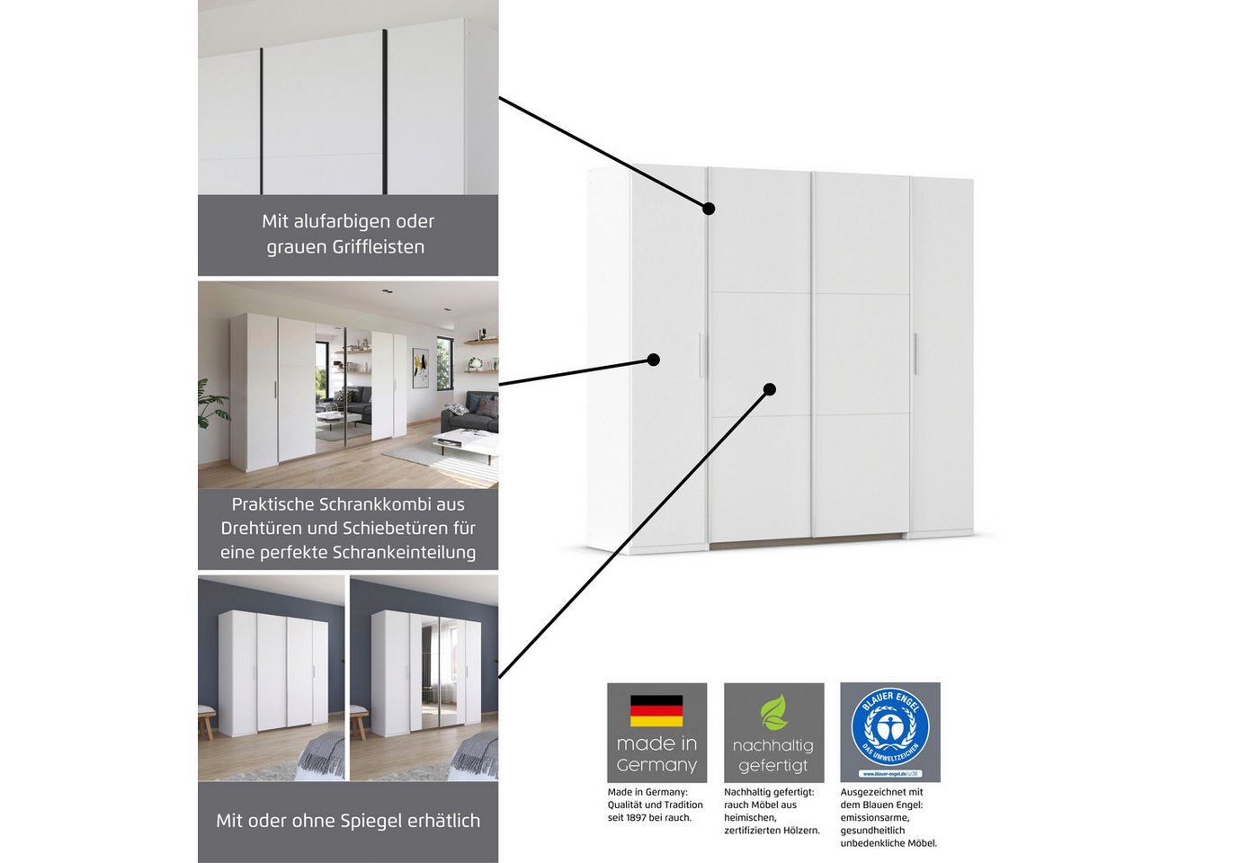 rauch Schwebetürenschrank Kleiderschrank Drehtürenschrank Schrank Garderobe KRONACH (in 3 Ausstattungen BASIC/CLASSIC/PREMIUM, Breiten 225/268/311/354 cm) Kombischrank optional mit 1 oder 2 Spiegel viele Böden MADE IN GERMANY Bild 5