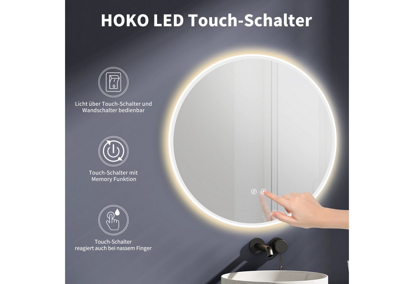 HOKO Badspiegel rund mit Beleuchtung, Anti-Beschlag und Memory-Funktion (LED-Wandspiegel mit Farbwechsel von 2700 bis 6500k, steuerbar über Touch-Schalter oder Wandschalter), für Badezimmer und Gäst-WC, IP44, Ulm