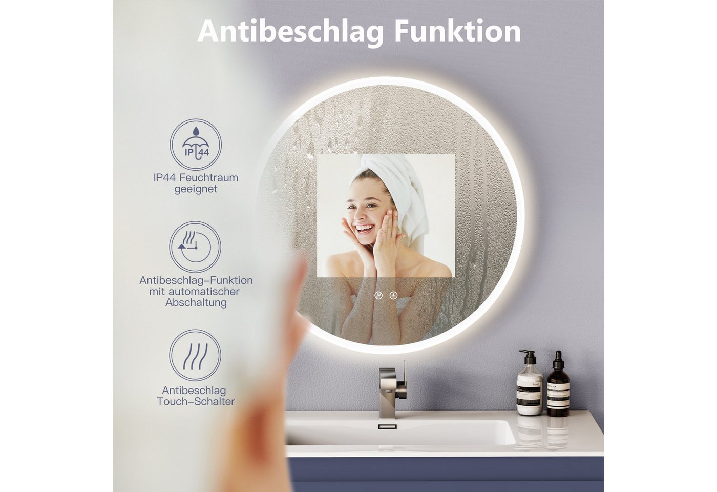 HOKO Badspiegel rund mit Beleuchtung, Anti-Beschlag und Memory-Funktion (LED-Wandspiegel mit Farbwechsel von 2700 bis 6500k, steuerbar über Touch-Schalter oder Wandschalter), für Badezimmer und Gäst-WC, IP44, Ulm Bild 3