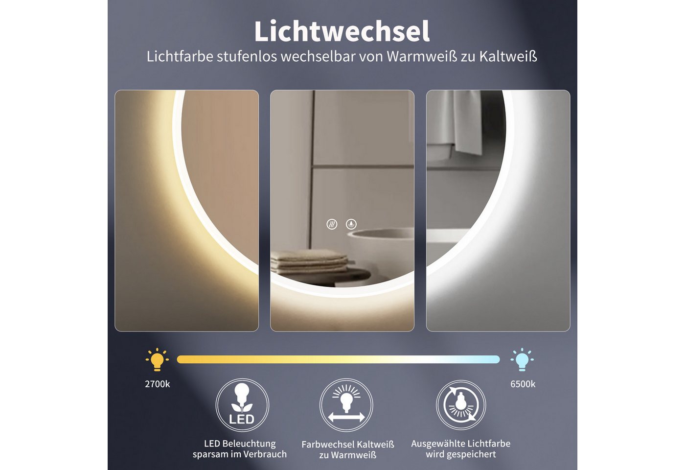 HOKO Badspiegel rund mit Beleuchtung, Anti-Beschlag und Memory-Funktion (LED-Wandspiegel mit Farbwechsel von 2700 bis 6500k, steuerbar über Touch-Schalter oder Wandschalter), für Badezimmer und Gäst-WC, IP44, Ulm Bild 4