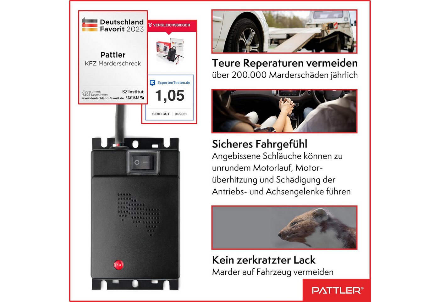Pattler Ultraschall-Tierabwehr Marderschreck Auto Anschluss an 12V Autobatterie, Sofortiger & Langfristiger Marderschutz für Auto im Motorraum 2-tlg., Effektive Marderabwehr für Auto - mit Ultraschall Bild 2