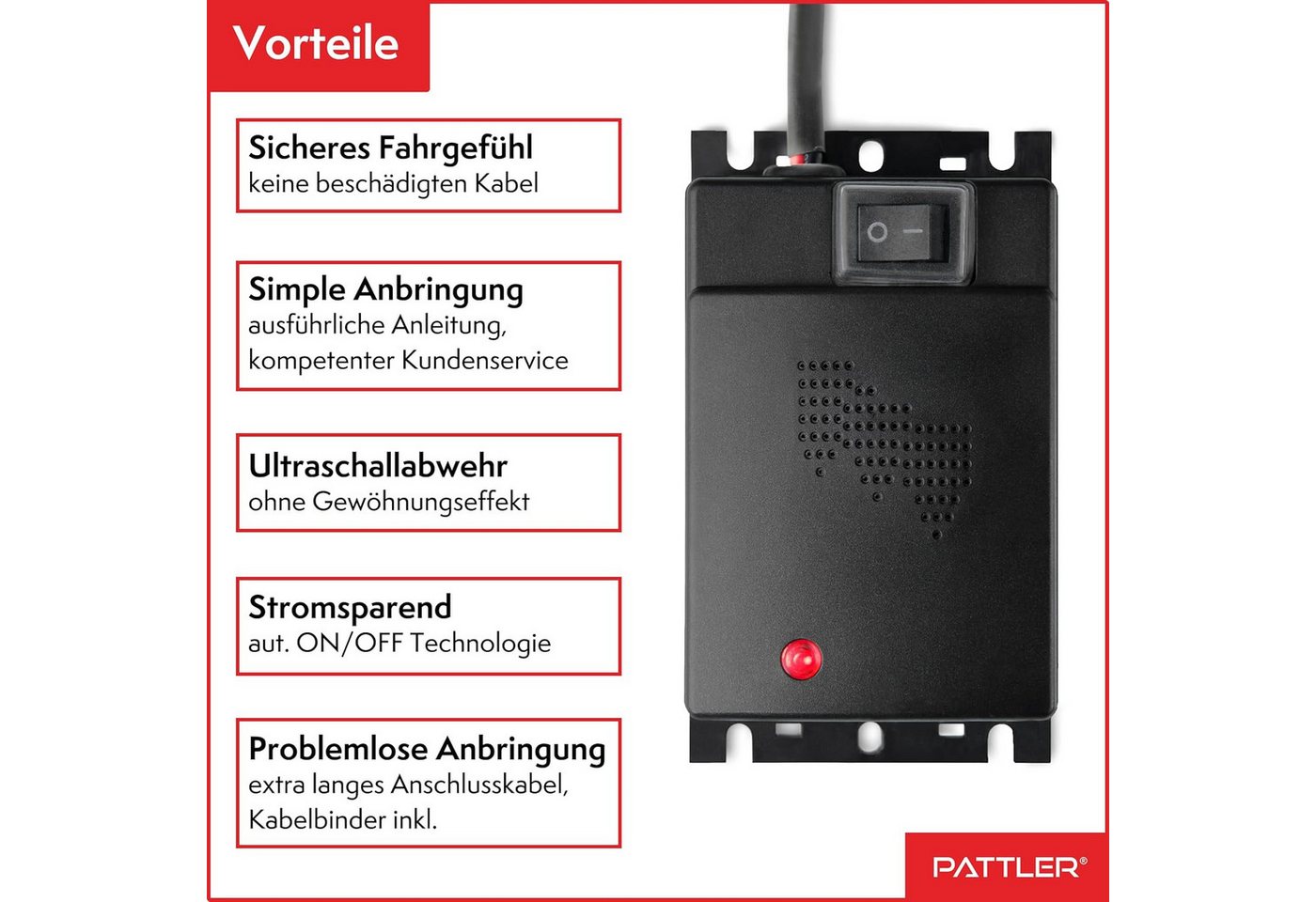 Pattler Ultraschall-Tierabwehr Marderschreck Auto Anschluss an 12V Autobatterie, Sofortiger & Langfristiger Marderschutz für Auto im Motorraum 2-tlg., Effektive Marderabwehr für Auto - mit Ultraschall Bild 3