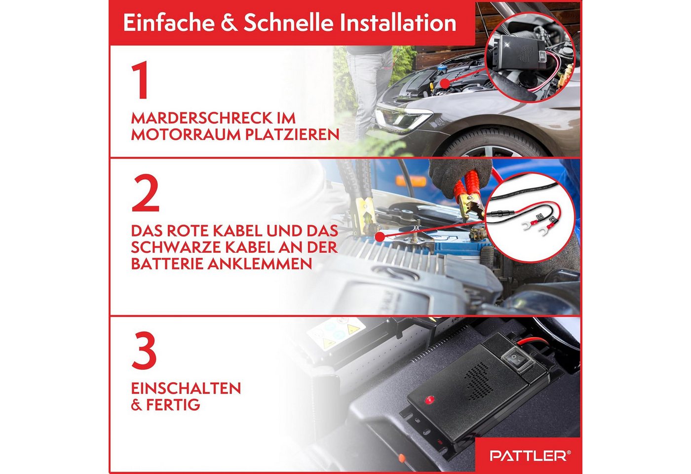 Pattler Ultraschall-Tierabwehr Marderschreck Auto Anschluss an 12V Autobatterie, Sofortiger & Langfristiger Marderschutz für Auto im Motorraum 2-tlg., Effektive Marderabwehr für Auto - mit Ultraschall Bild 4