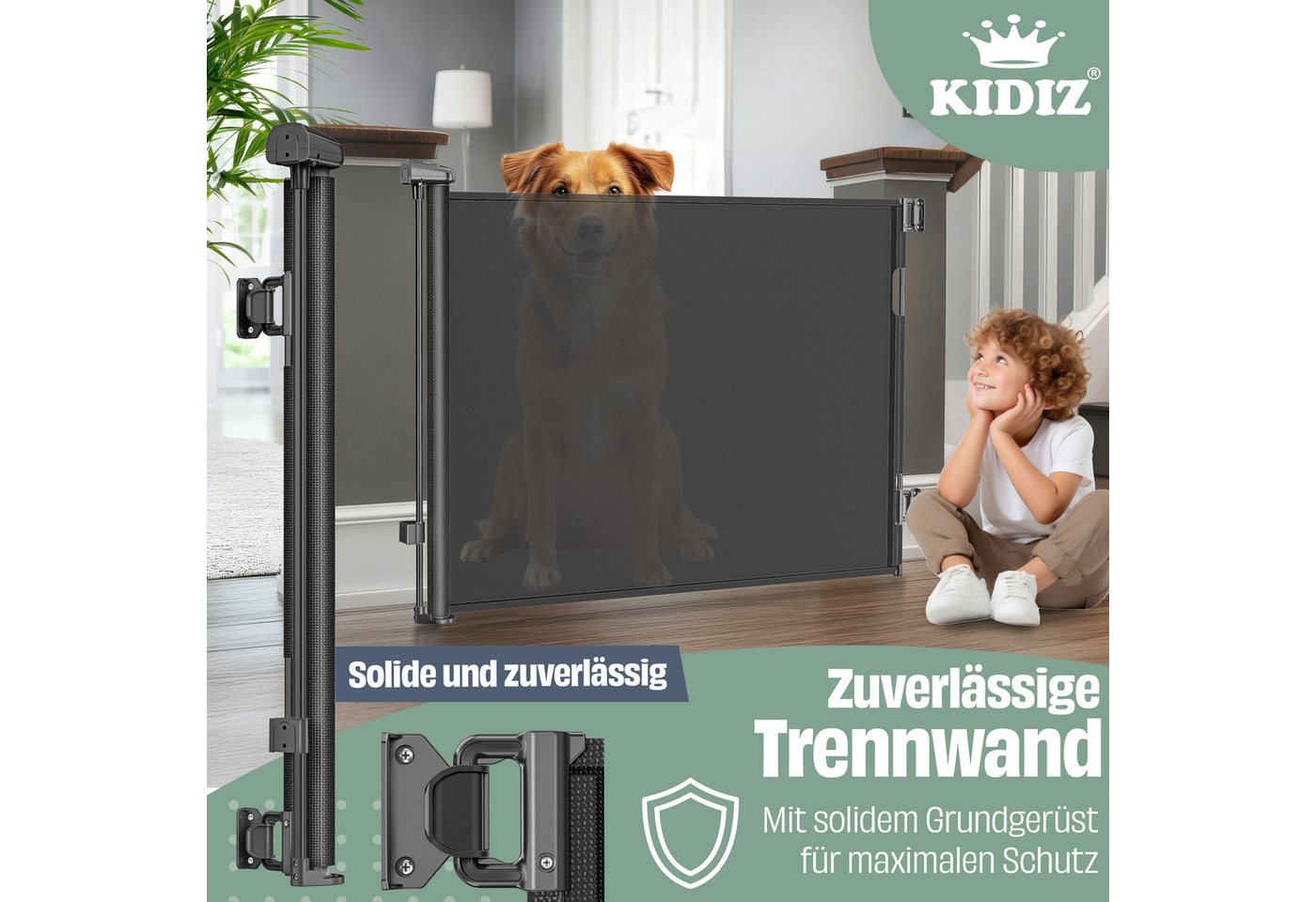 KIDIZ Türschutzgitter Treppenschutzgitter ausziehbar bis 180cm für Kinder, Babys & Haustiere (Schutzgitter für Treppen & Türen inkl. Bodenanker & Montagezubehör), Raumtrennung Absperrgitter kindersicheres Treppengitter