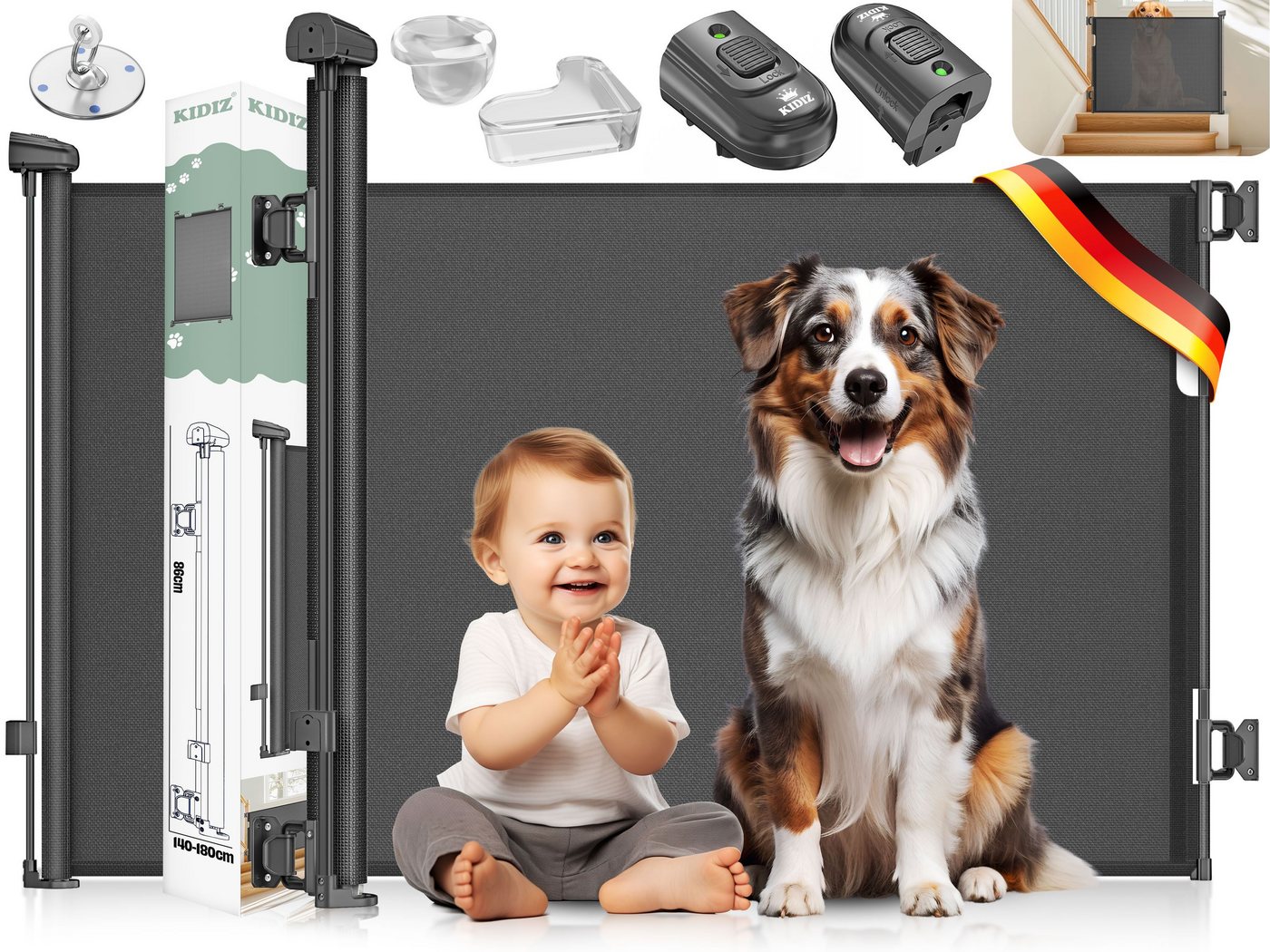 KIDIZ Türschutzgitter Treppenschutzgitter ausziehbar bis 180cm für Kinder, Babys & Haustiere (Schutzgitter für Treppen & Türen inkl. Bodenanker & Montagezubehör), Raumtrennung Absperrgitter kindersicheres Treppengitter Bild 2