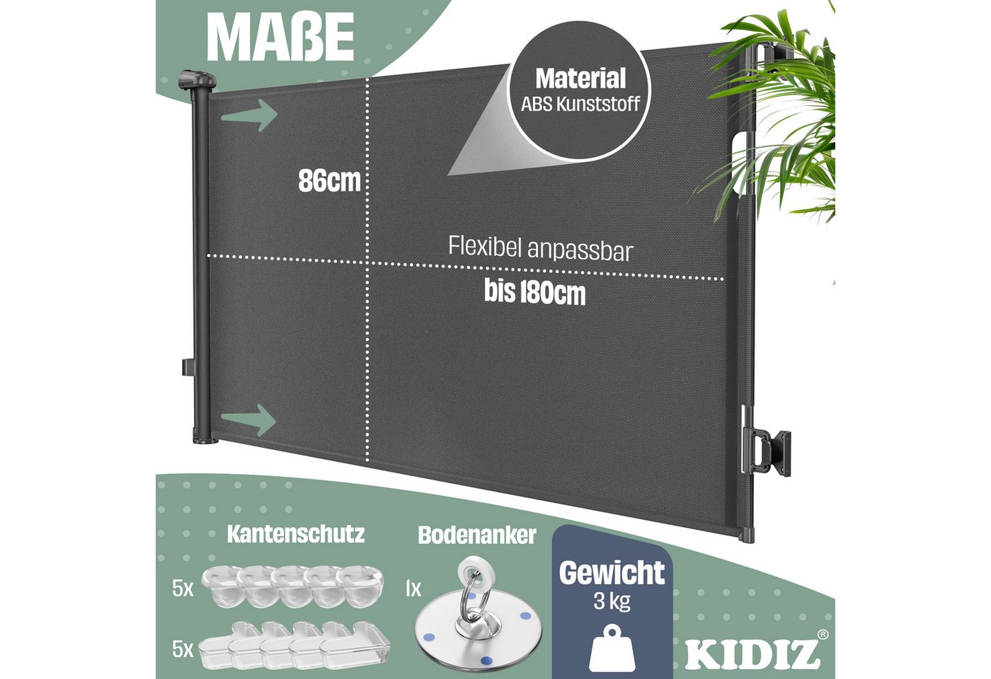 KIDIZ Türschutzgitter Treppenschutzgitter ausziehbar bis 180cm für Kinder, Babys & Haustiere (Schutzgitter für Treppen & Türen inkl. Bodenanker & Montagezubehör), Raumtrennung Absperrgitter kindersicheres Treppengitter Bild 4