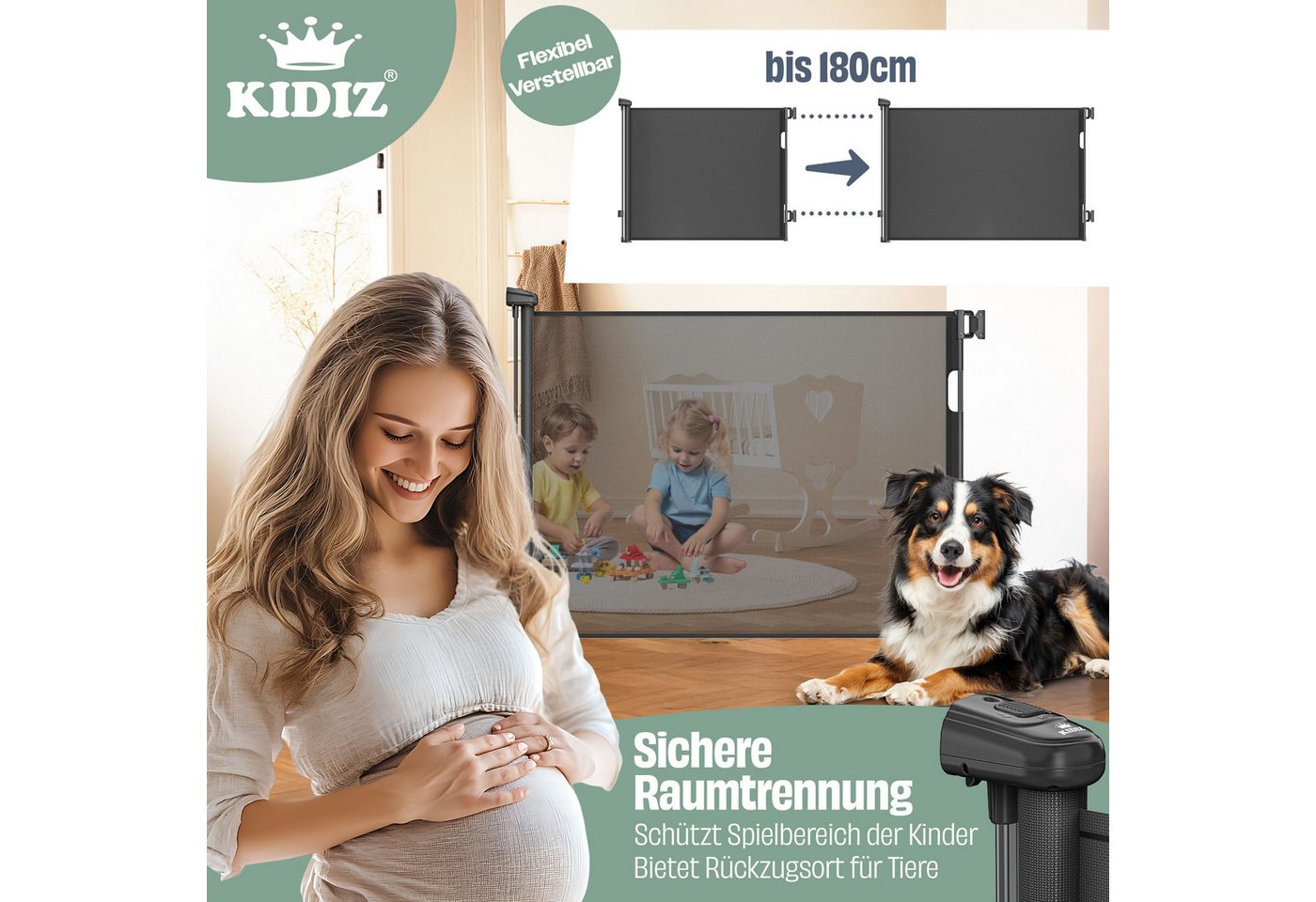 KIDIZ Türschutzgitter Treppenschutzgitter ausziehbar bis 180cm für Kinder, Babys & Haustiere (Schutzgitter für Treppen & Türen inkl. Bodenanker & Montagezubehör), Raumtrennung Absperrgitter kindersicheres Treppengitter Bild 5