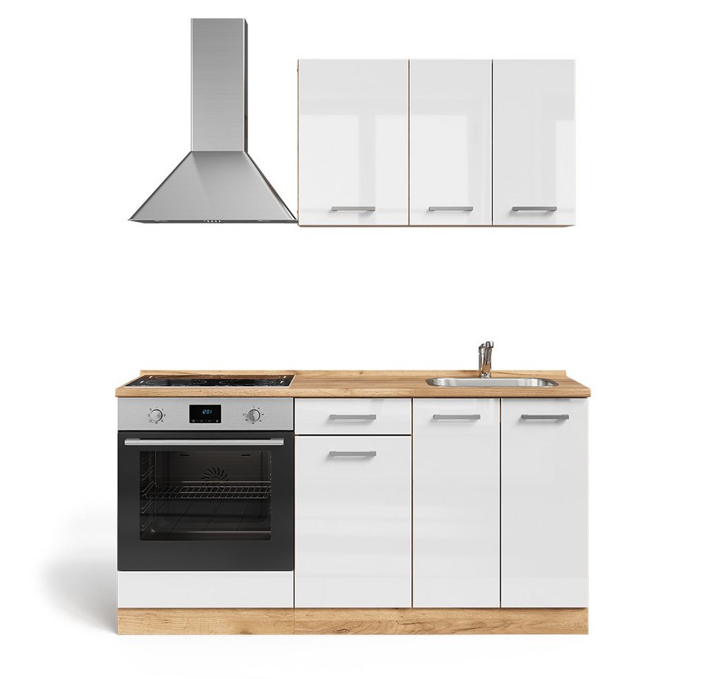 Vicco Küchenzeile R-Line, Weiß Hochglanz/Goldkraft Eiche/Goldkraft Eiche, 160 cm mit...