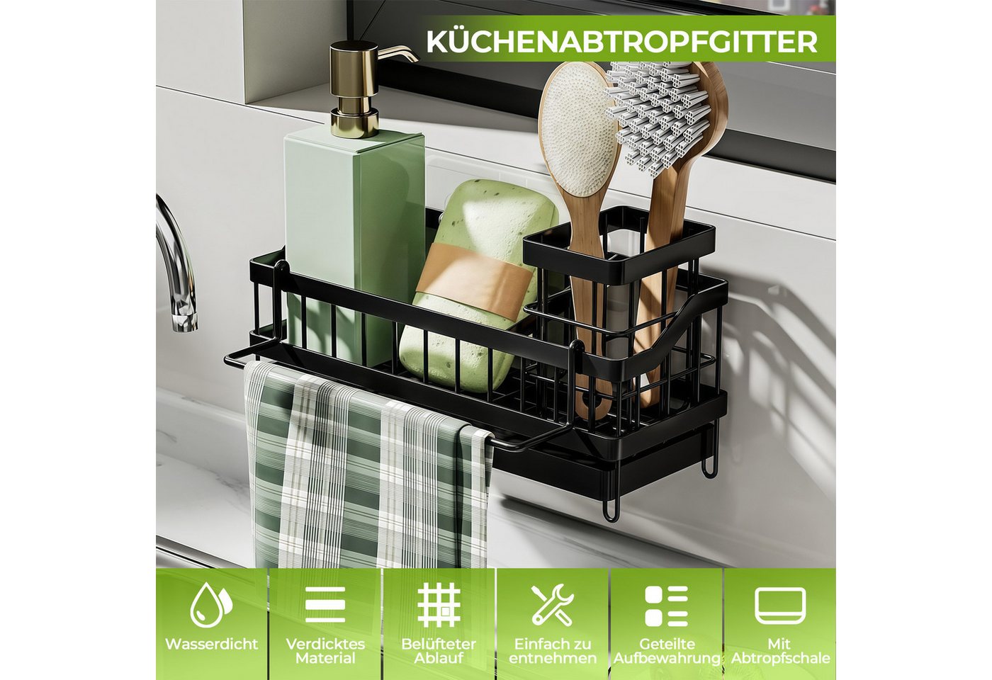 GLIESE Küchenorganizer-Set Spülen-Organizer Automatische Entwässerung für Küche, für Spüle, Arbeitsplatte, Badezimmer, Waschraum, Küche, 24,5x9x13 cm Bild 3