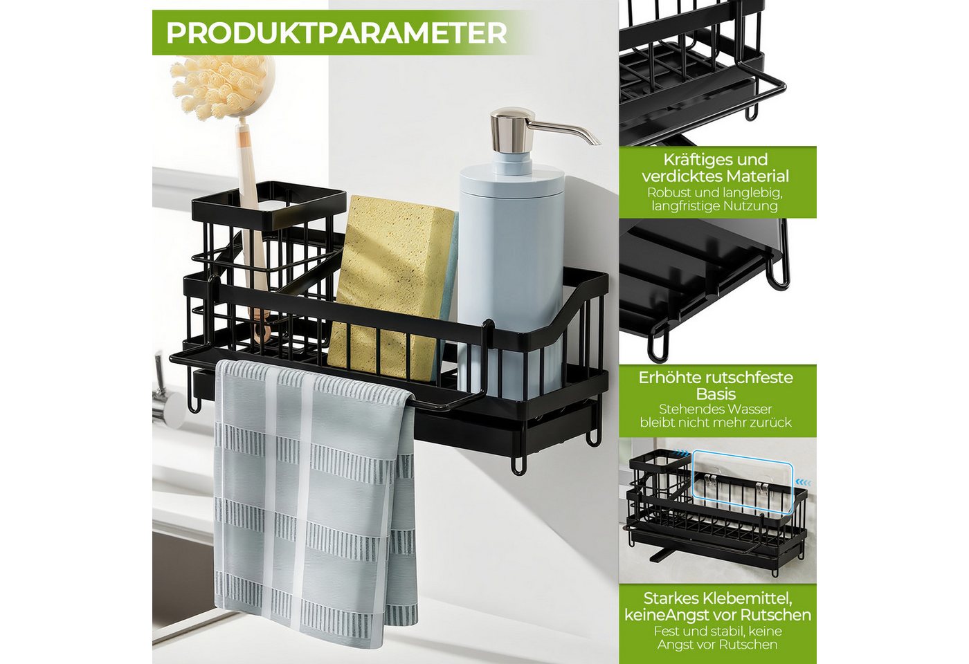 GLIESE Küchenorganizer-Set Spülen-Organizer Automatische Entwässerung für Küche, für Spüle, Arbeitsplatte, Badezimmer, Waschraum, Küche, 24,5x9x13 cm Bild 5