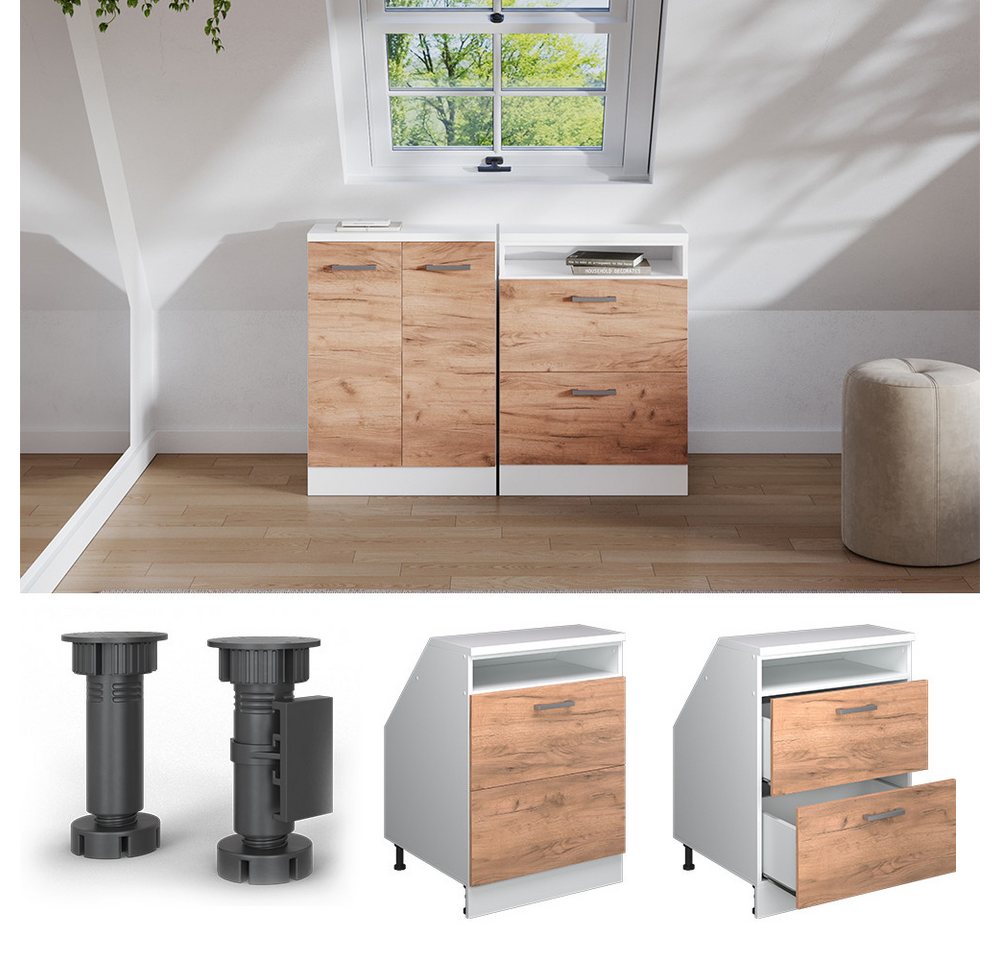 Vicco Kommode Rion, Goldkraft Eiche/Weiß, 60 x 81.6 cm mit 2 Schubladen, Schrank... (1 St)