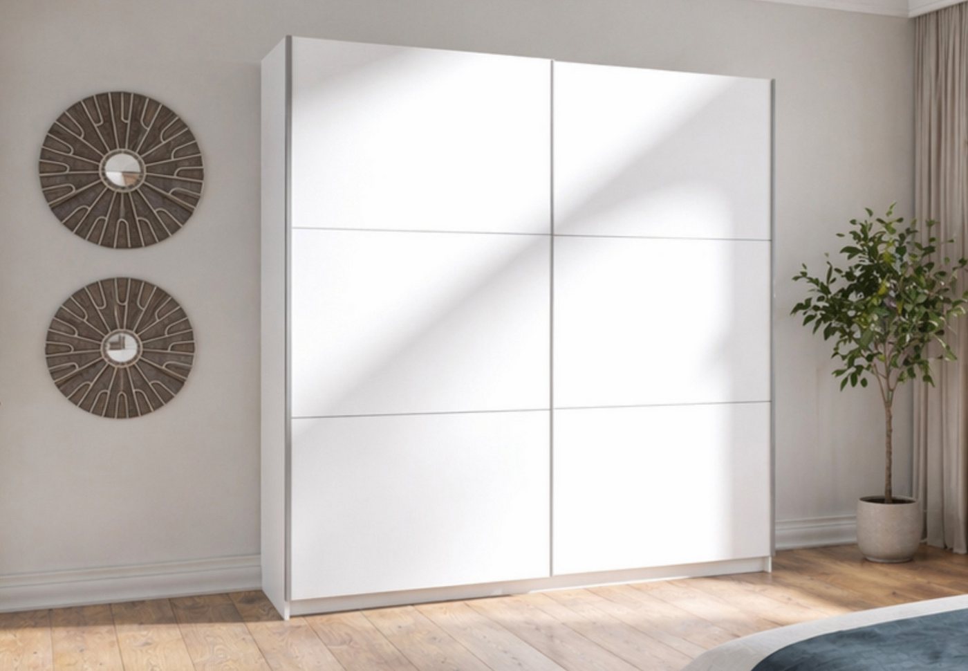 Home Collective Schwebetürenschrank Kleiderschrank Schlafzimmerschrank Garderobe wahlweise mit Spiegel (Maße B/H/T: 200,6 x 207 x 60 cm) 5 Böden & Kleiderstange für viel Stauraum, Weiß