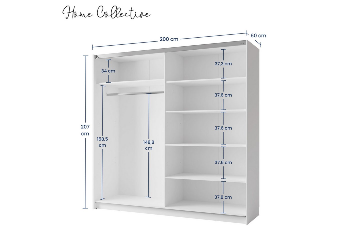 Home Collective Schwebetürenschrank Kleiderschrank Schlafzimmerschrank Garderobe wahlweise mit Spiegel (Maße B/H/T: 200,6 x 207 x 60 cm) 5 Böden & Kleiderstange für viel Stauraum, Weiß Bild 2