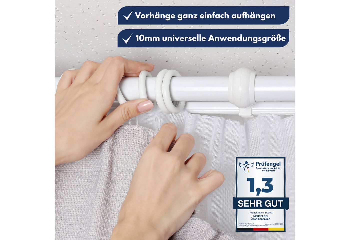 NEUFELD Gardinenhaken Überklipshaken Transparent I 120 Stück I 10mm Öse, Vorhanghaken, Gardinen, Vorhänge, Gardinenringe, (Set, 120 Überklipshaken mit 10 mm Öse), Transparent Lautlose Anwendung Waschfest Bruchsicher 10 mm Öse