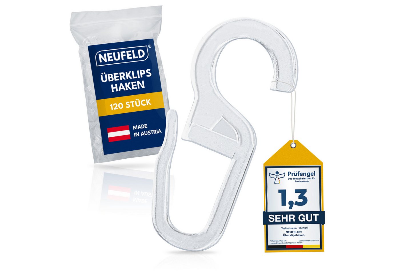 NEUFELD Gardinenhaken Überklipshaken Transparent I 120 Stück I 10mm Öse, Vorhanghaken, Gardinen, Vorhänge, Gardinenringe, (Set, 120 Überklipshaken mit 10 mm Öse), Transparent Lautlose Anwendung Waschfest Bruchsicher 10 mm Öse Bild 2
