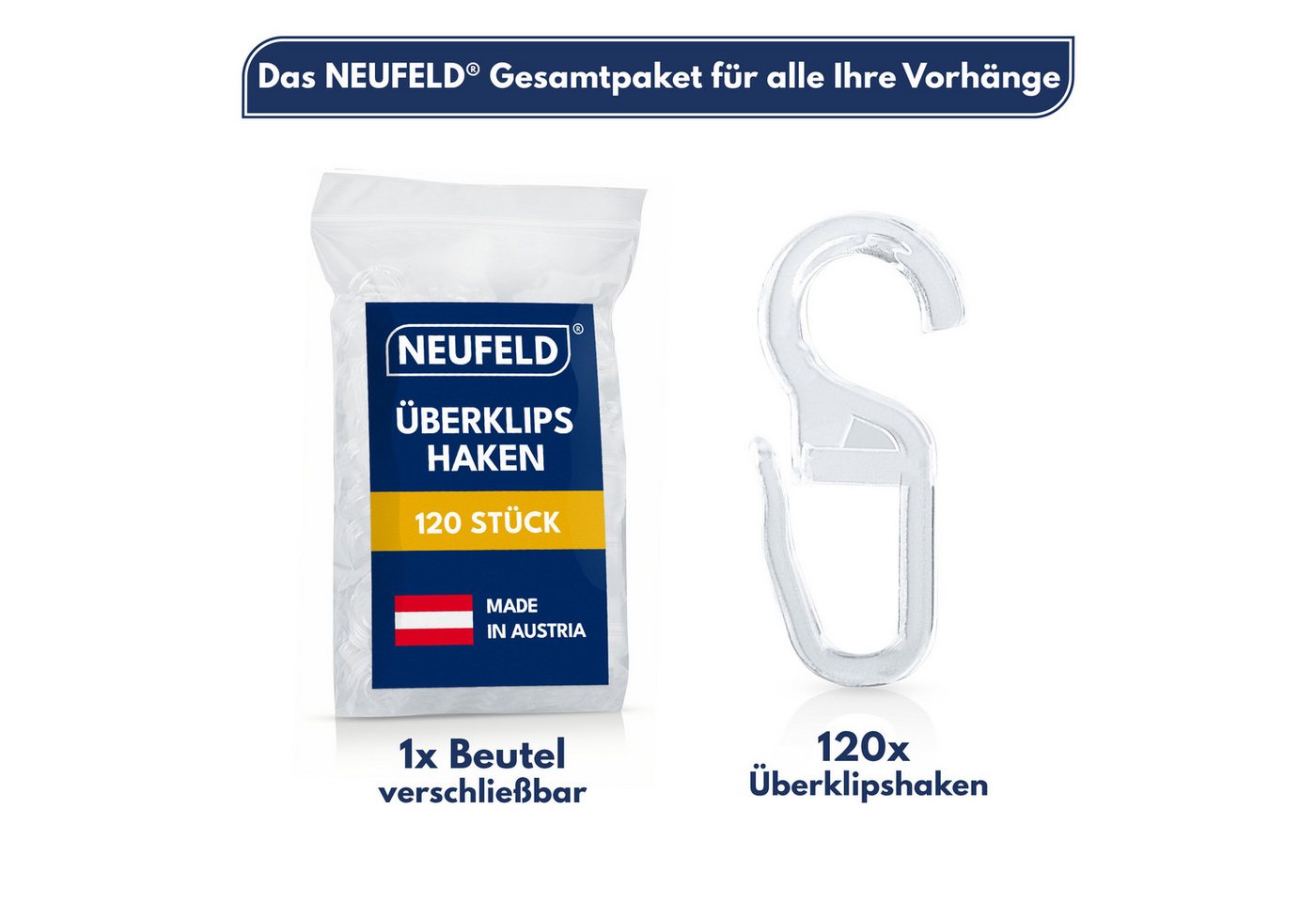 NEUFELD Gardinenhaken Überklipshaken Transparent I 120 Stück I 10mm Öse, Vorhanghaken, Gardinen, Vorhänge, Gardinenringe, (Set, 120 Überklipshaken mit 10 mm Öse), Transparent Lautlose Anwendung Waschfest Bruchsicher 10 mm Öse Bild 4