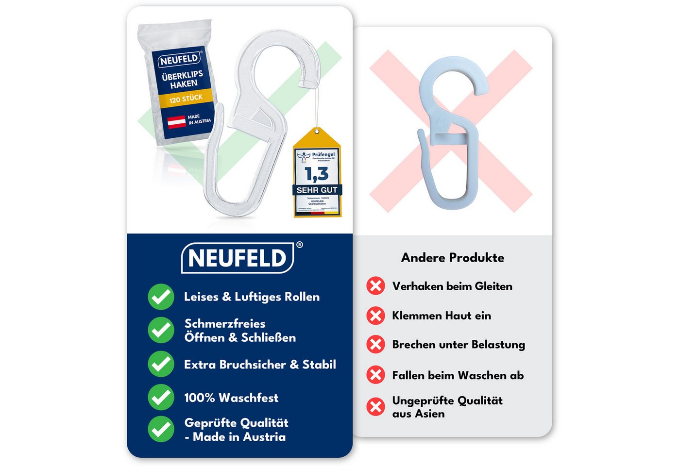 NEUFELD Gardinenhaken Überklipshaken Transparent I 120 Stück I 10mm Öse, Vorhanghaken, Gardinen, Vorhänge, Gardinenringe, (Set, 120 Überklipshaken mit 10 mm Öse), Transparent Lautlose Anwendung Waschfest Bruchsicher 10 mm Öse Bild 5