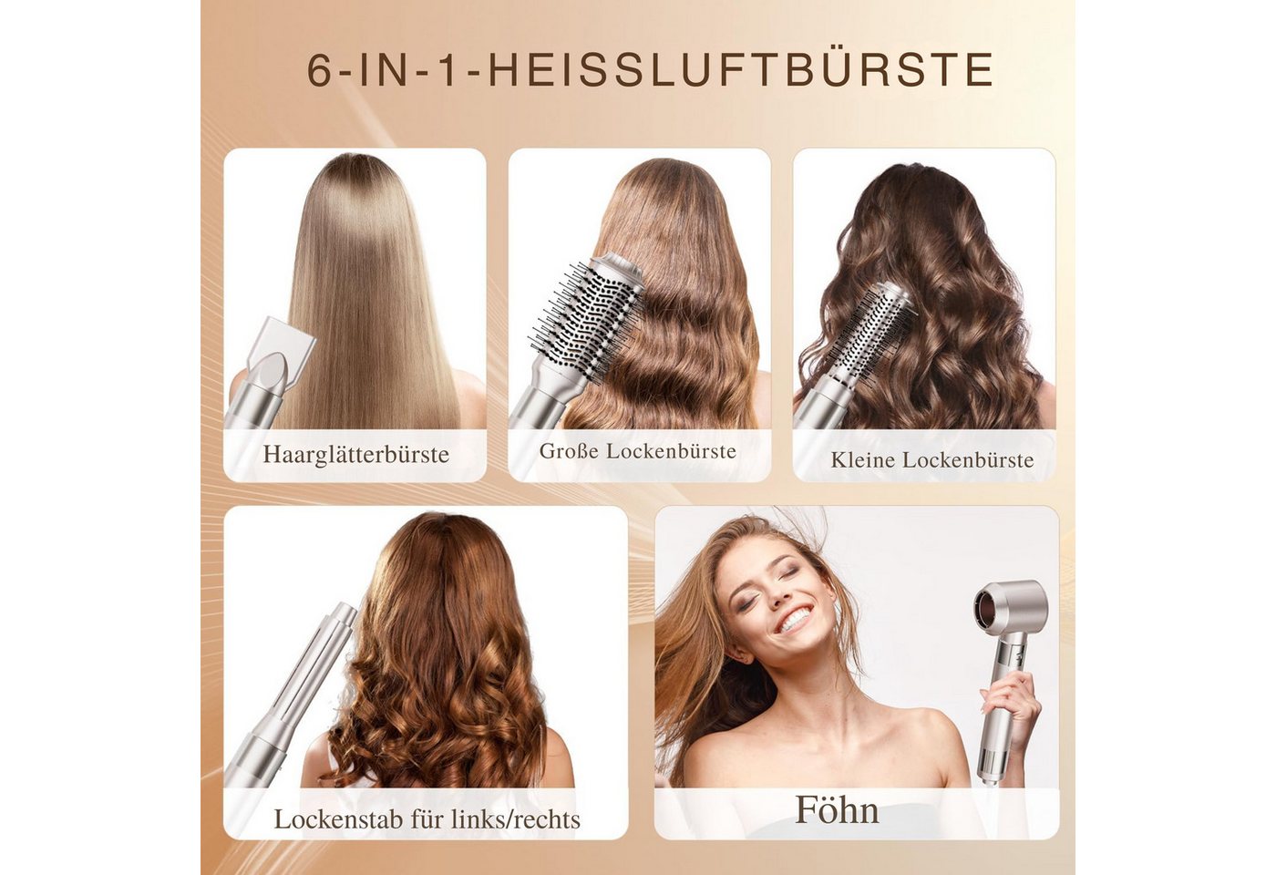 Vivitar Heißluftgebläse 6-in-1 Air Styler Heißluftbürste 140.000U/min, Föhnbürste für Frauen, (schnell trocknender Haarstyler für Frauen, Anti-Frizz-Stylinggerät für alle Haartypen], Auto-Air-Lockenstab, Rundbürste, Volumenaufsatz und Glättenaufsatz), für Trocknen, Locken, Glätten & voluminöses Styling