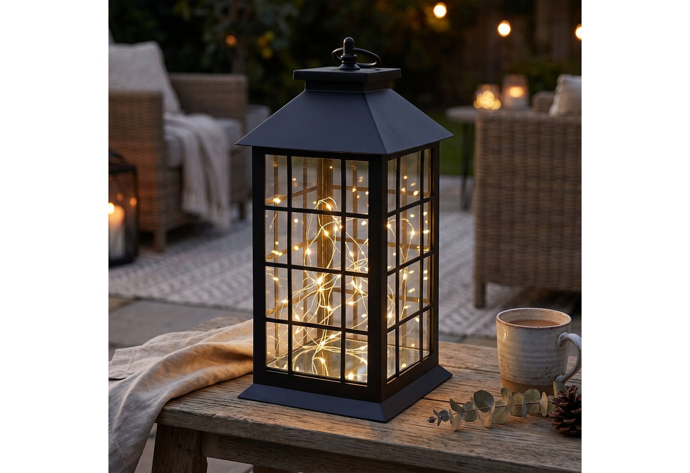 Levandeo® LED Laterne LED Laterne Schwarz H30cm Lichterkette Warmweiß Timer Wohndeko Lampe K, Ein-/Ausschalter, Timerfunktion (6h/18h), LED Lichterkette, warmweiß Bild 2