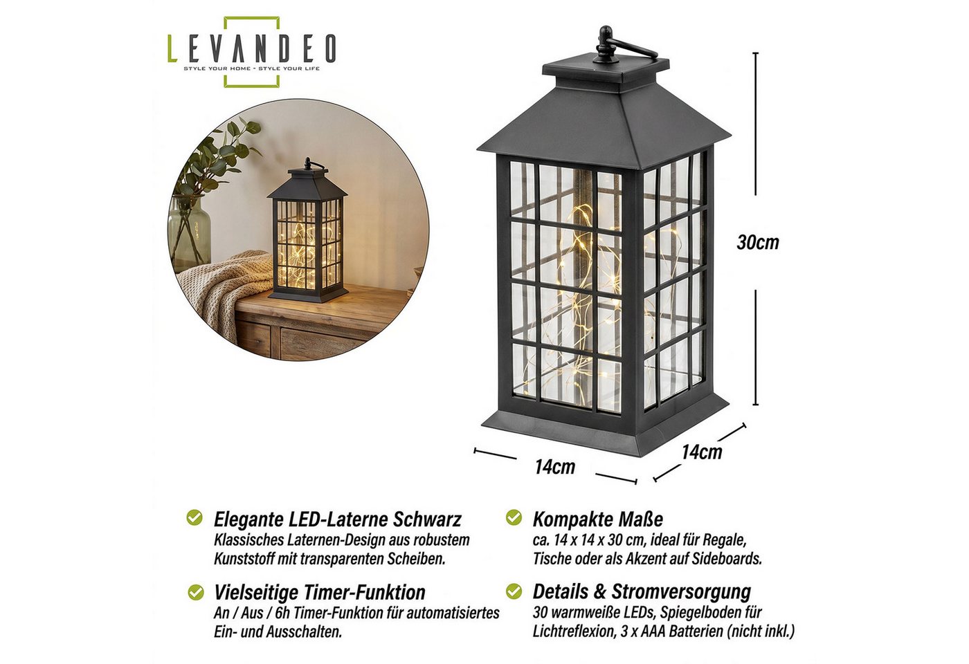 Levandeo® LED Laterne LED Laterne Schwarz H30cm Lichterkette Warmweiß Timer Wohndeko Lampe K, Ein-/Ausschalter, Timerfunktion (6h/18h), LED Lichterkette, warmweiß Bild 3