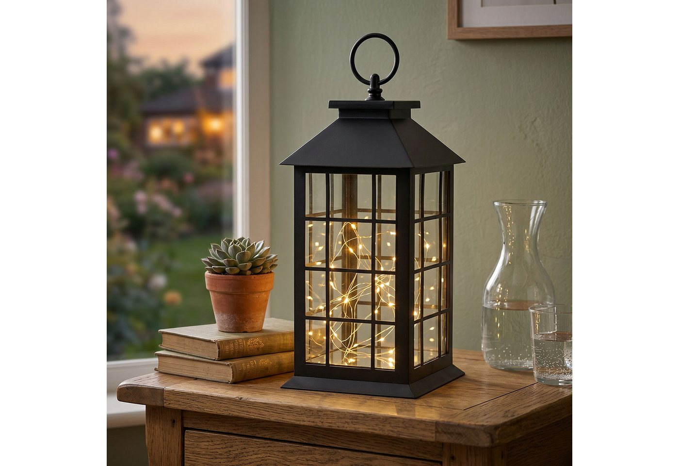 Levandeo® LED Laterne LED Laterne Schwarz H30cm Lichterkette Warmweiß Timer Wohndeko Lampe K, Ein-/Ausschalter, Timerfunktion (6h/18h), LED Lichterkette, warmweiß Bild 4