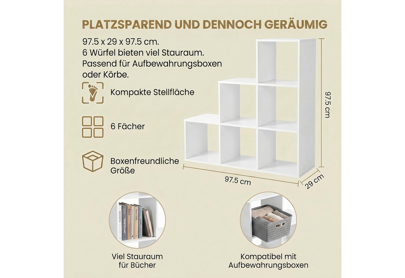 VASAGLE Bücherregal, mit 6/10 Fächern, Würfelregal, Stufenregal, 97,5 x 29 x 97,5 cm Bild 4