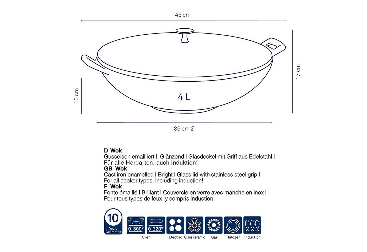 kela Wok Calido, Gusseisen, rau emailliert, hitzebeständiger Glasdeckel bis zu 220°C