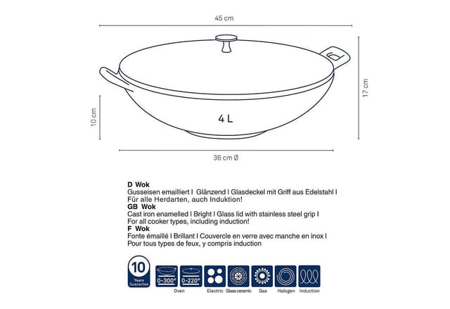 kela Wok Calido, Gusseisen, rau emailliert, hitzebeständiger Glasdeckel bis zu 220°C