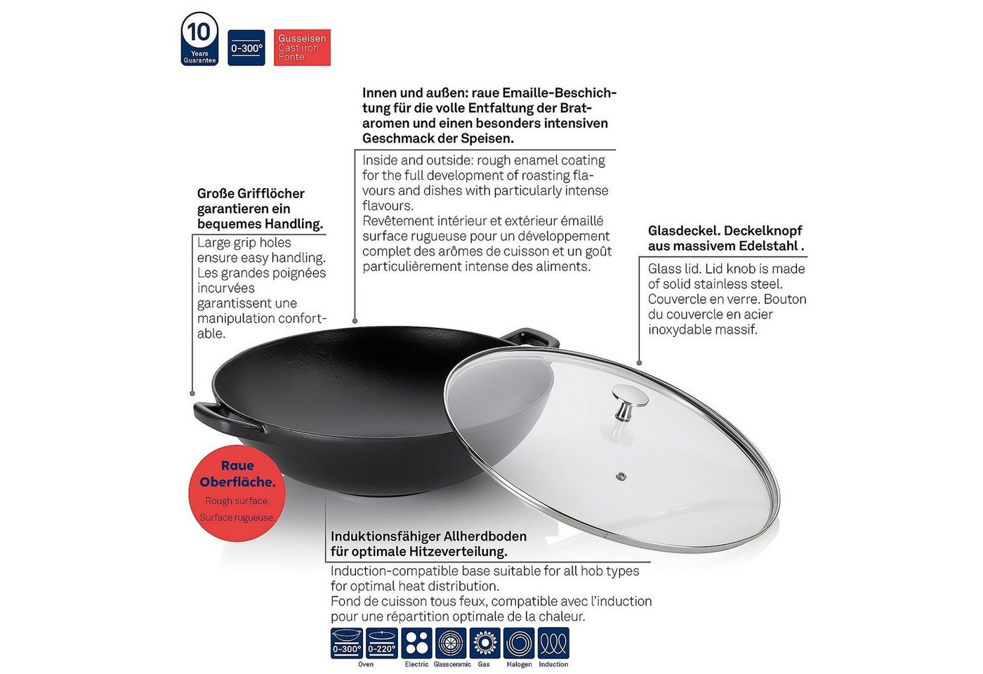 kela Wok Calido, Gusseisen, rau emailliert, hitzebeständiger Glasdeckel bis zu 220°C Bild 3