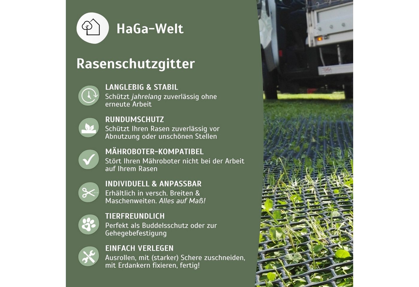 HaGa Profil RASENSCHUTZGITTER in 1,3m Br. Grün (Meterware) (zur Verstärkung von weitläufigen Flächen, insbesondere Park- und), Masche 30mm Hangbefestigung Gartengitter Bodenschutz