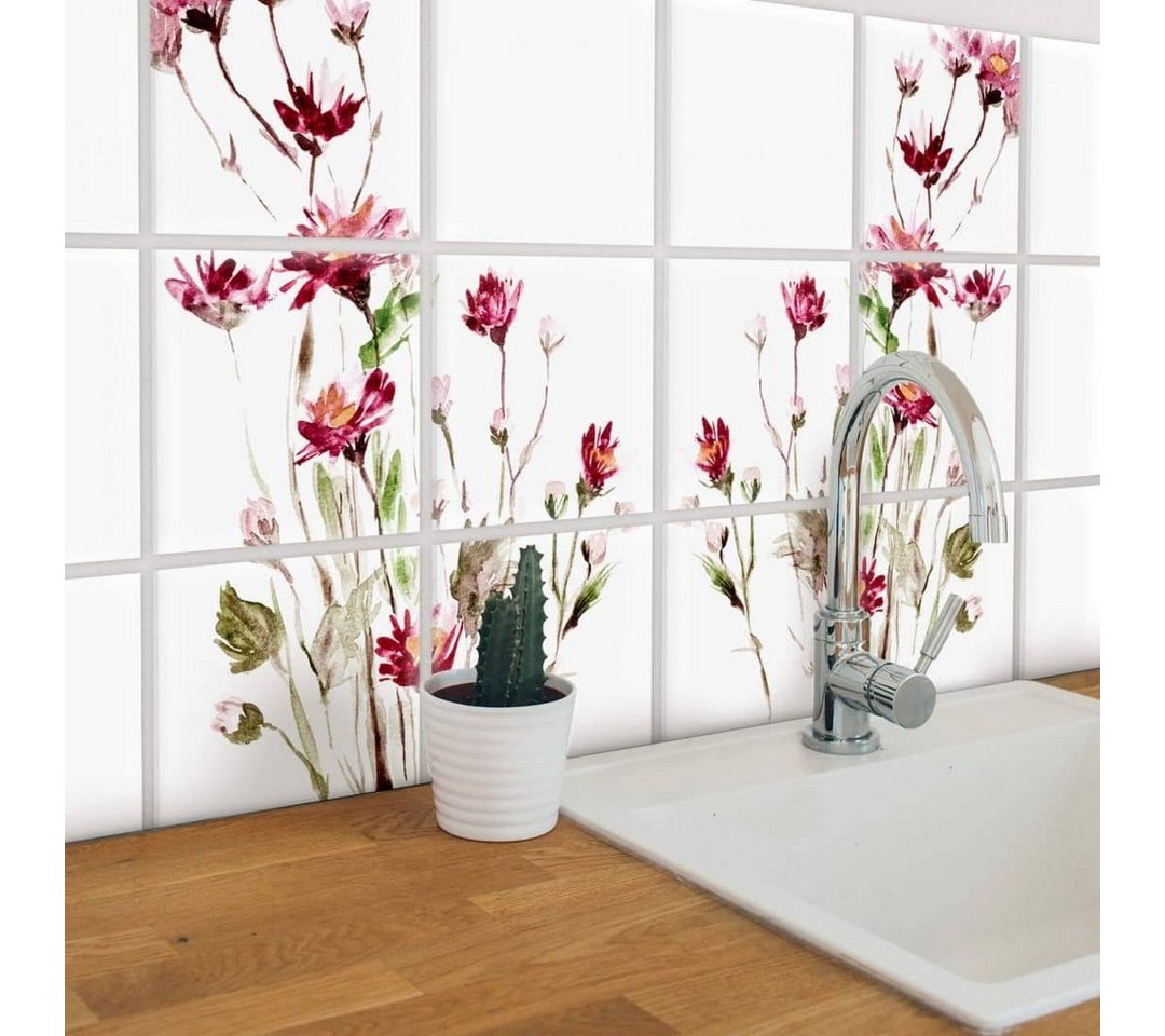 K&L Wall Art Fliesenaufkleber selbstklebend Wandschutz Sticker Set Sommer Blumen Rot Bild 2