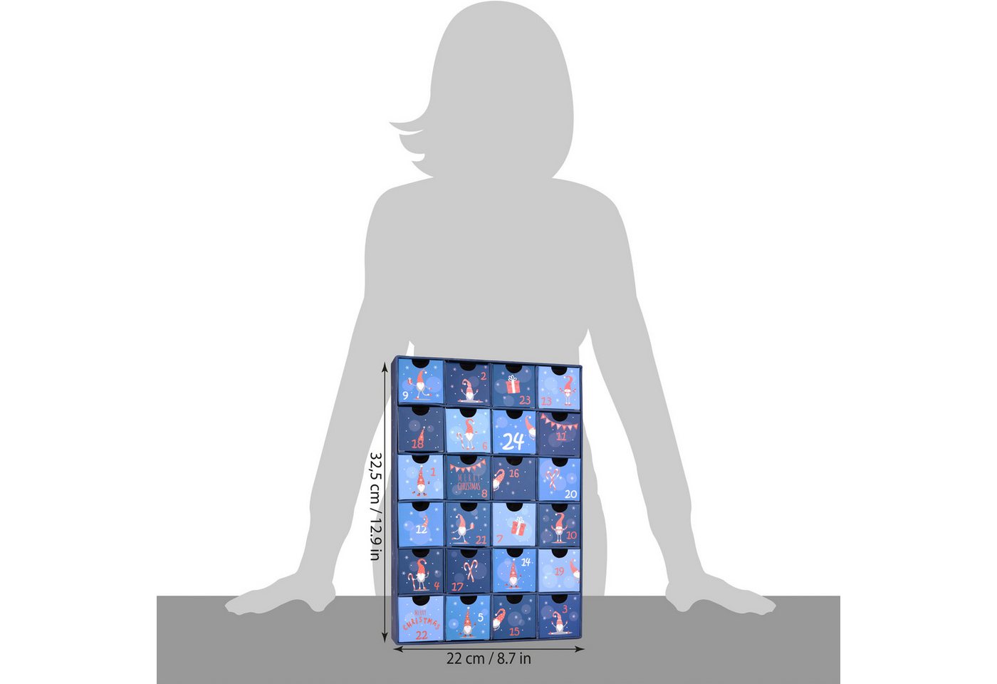 BRUBAKER befüllbarer Adventskalender DIY Weihnachtskalender mit 24 Türchen zum Befüllen Wichtel Zwerge Blau (Wiederverwendbar, 1-tlg), Kalender für Gutscheine Süßigkeiten 32,5 cm Pappe
