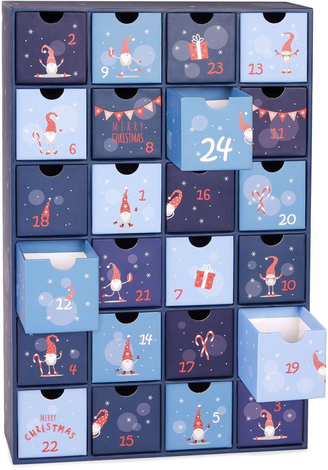 BRUBAKER befüllbarer Adventskalender DIY Weihnachtskalender mit 24 Türchen zum Befüllen Wichtel Zwerge Blau (Wiederverwendbar, 1-tlg), Kalender für Gutscheine Süßigkeiten 32,5 cm Pappe Bild 2