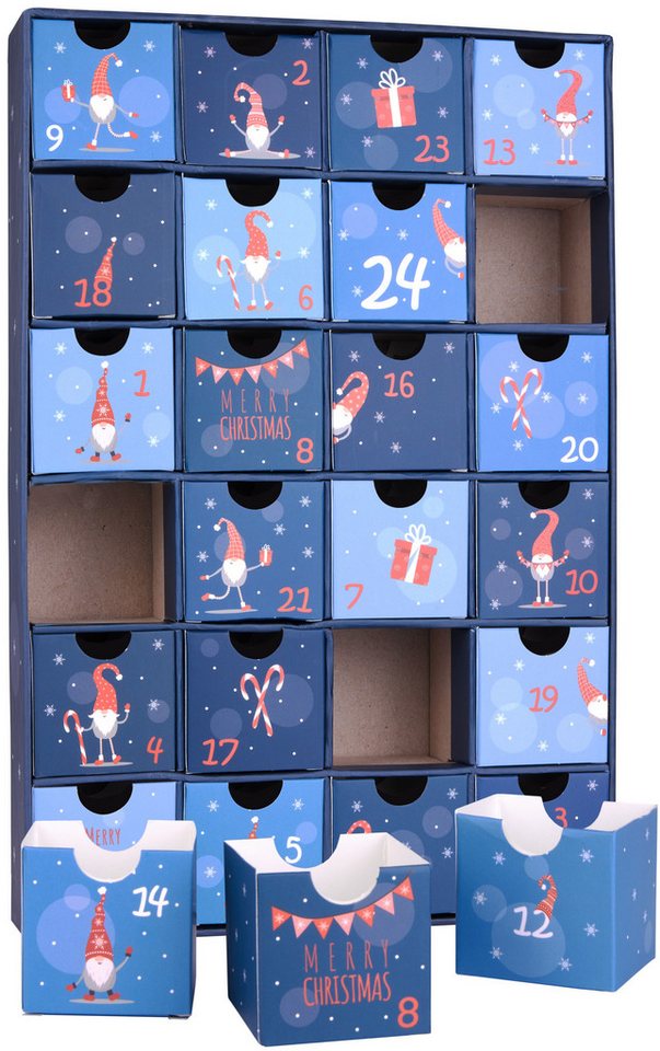 BRUBAKER befüllbarer Adventskalender DIY Weihnachtskalender mit 24 Türchen zum Befüllen Wichtel Zwerge Blau (Wiederverwendbar, 1-tlg), Kalender für Gutscheine Süßigkeiten 32,5 cm Pappe Bild 3