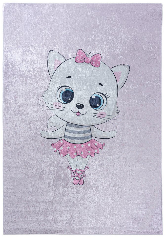 Mazovia Kinderteppich Kinderteppich Kinderzimmerteppich Katze, 80 x 150 cm, Kurflor, Waschbar in Waschmaschine, Höhe 5 mm, Rutschfest Bild 3