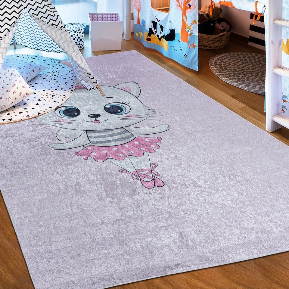 Mazovia Kinderteppich Kinderteppich Kinderzimmerteppich Katze, 80 x 150 cm, Kurflor, Waschbar in Waschmaschine, Höhe 5 mm, Rutschfest Bild 4