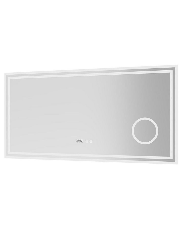 AQUALAVOS Badspiegel Badspiegel mit Beleuchtung Led Badezimmer mit Digitaluhr Lichtspiegel, mit Vergrößerung, Touchschalter, Energiesparend Kaltweißes Licht