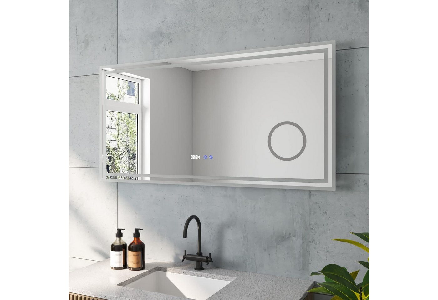 AQUALAVOS Badspiegel Badspiegel mit Beleuchtung Led Badezimmer mit Digitaluhr Lichtspiegel, mit Vergrößerung, Touchschalter, Energiesparend Kaltweißes Licht Bild 3