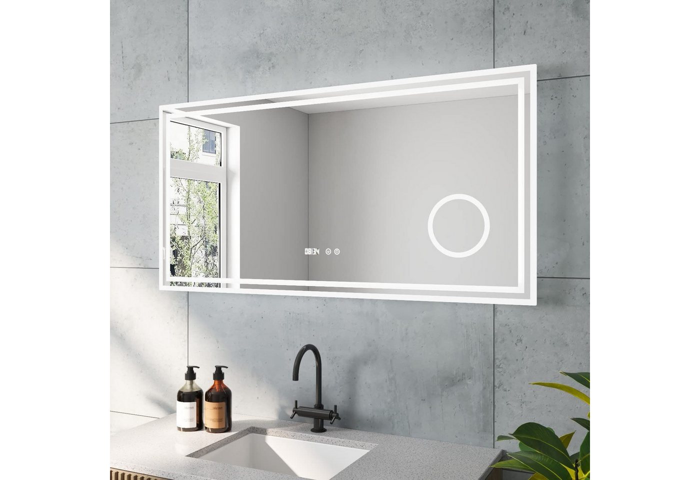 AQUALAVOS Badspiegel Badspiegel mit Beleuchtung Led Badezimmer mit Digitaluhr Lichtspiegel, mit Vergrößerung, Touchschalter, Energiesparend Kaltweißes Licht Bild 5