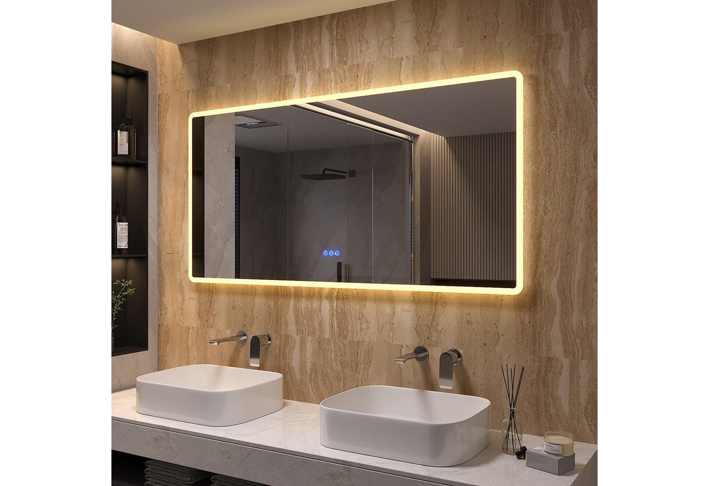 AQUALAVOS Badspiegel Badspiegel mit Warmweiß/Kaltweiß LED Beleuchtung Dimmbar Lichtspiegel, 140x70 cm, Beschlagfrei, Touchschalter/anschließbarer Wandschalter Bild 5