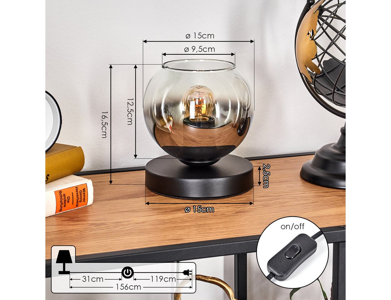 hofstein Tischleuchte Tischlampe aus Metall/Glas in Schwarz/Chromfarben/Klar, ohne Leuchtmittel, mit Glasschrim(15cm), Schalter am Kabel, 1x E27, ohne Leuchtmittel Bild 5